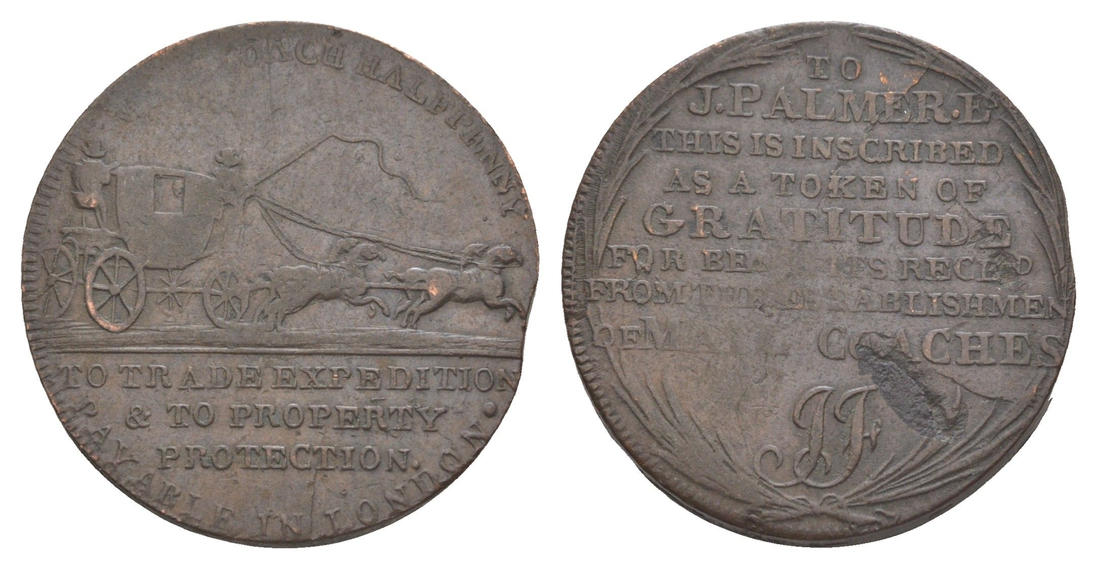 Великобритания, Миддлсекс 1/2 пенни ND (1797) Джон Палмер - изобретатель почтовых карет Dalton & Hamer 363, Atkins 258 и Withers 363 медь 1522-732