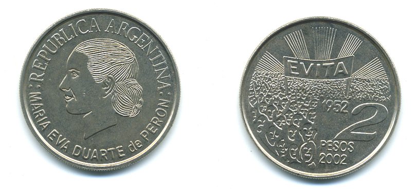 Аргентина 2 песо 2002 Мария Эва Дуарте де Перон KM 135.1 медно-никель UNC 37-1043