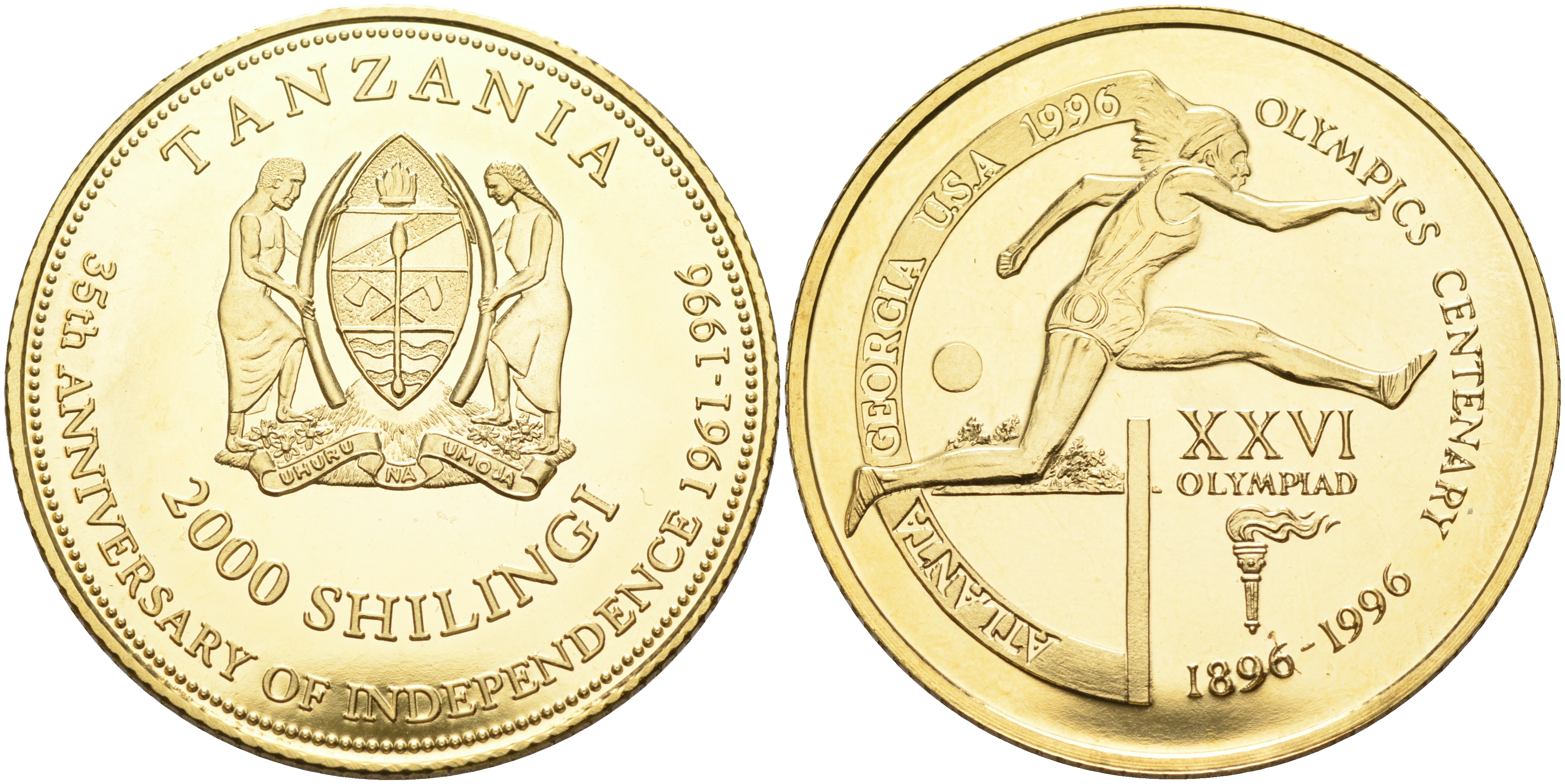 Танзания 2000 шиллингов 1996 XXVI Олимпийские игры 1996 года в Атланте, 100 лет Олимпийскому движению, бег с барьерами, пробник, рубчатый гурт латунь PROOF 06-135-33