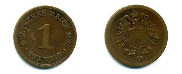 ГЕРМАНИЯ 1 ПФЕННИГ 1875 B, СТАРОГЕРБОВКА KM 1, J. 1 медь 35-159