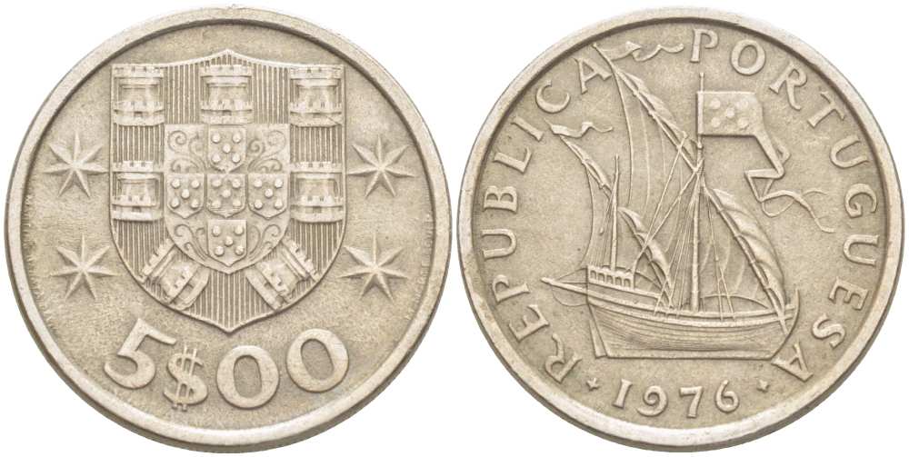 ПОРТУГАЛИЯ 5 ЭСКУДО 1976 ПАРУСНИК KM 591 медно-никель 4513-1046