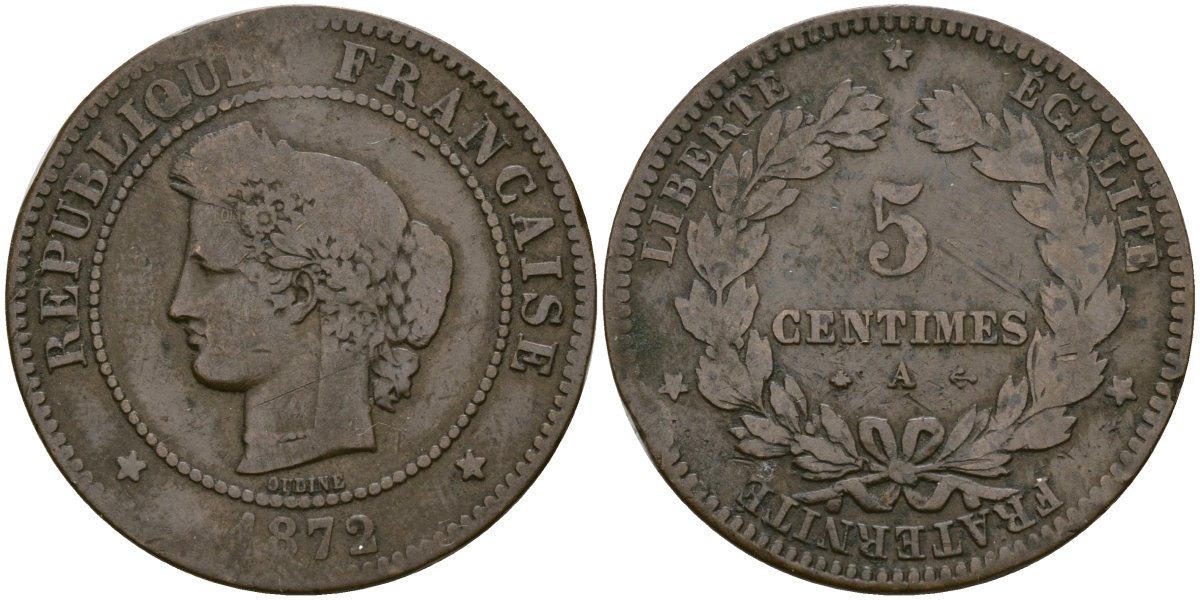 Франция 5 сантимов 1872 A, Третья республика (1871-1940) KM 821.1, Le Franc 118.6 бронза 51-715