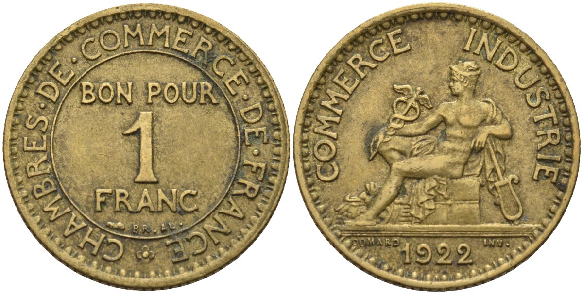 Франция 1 франк 1922 KM 876, Le Franc 218.5 алюминиевая бронза 4142-632