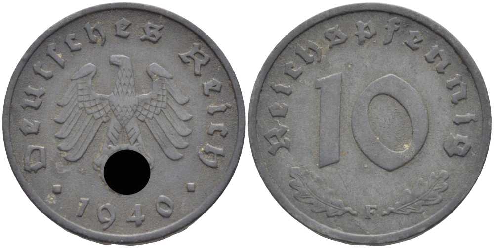ГЕРМАНИЯ 10 РЕЙХСПФЕННИГОВ 1940 F KM 101, J. 371 цинк 4401-855