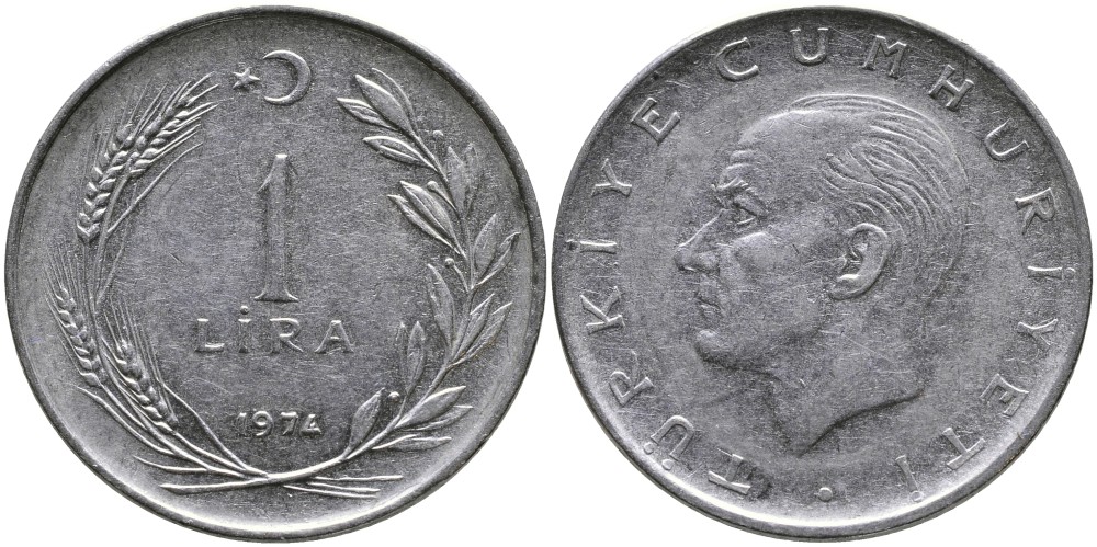 Турция 1 лира 1974 Мустафа Кемаль Ататюрк KM 889а.2 нержавеющая сталь 4178-1014