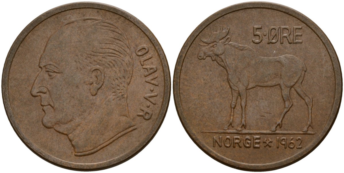Норвегия 5 эре 1962 Улаф V (1958 - 1991) KM 405 бронза 4156-253