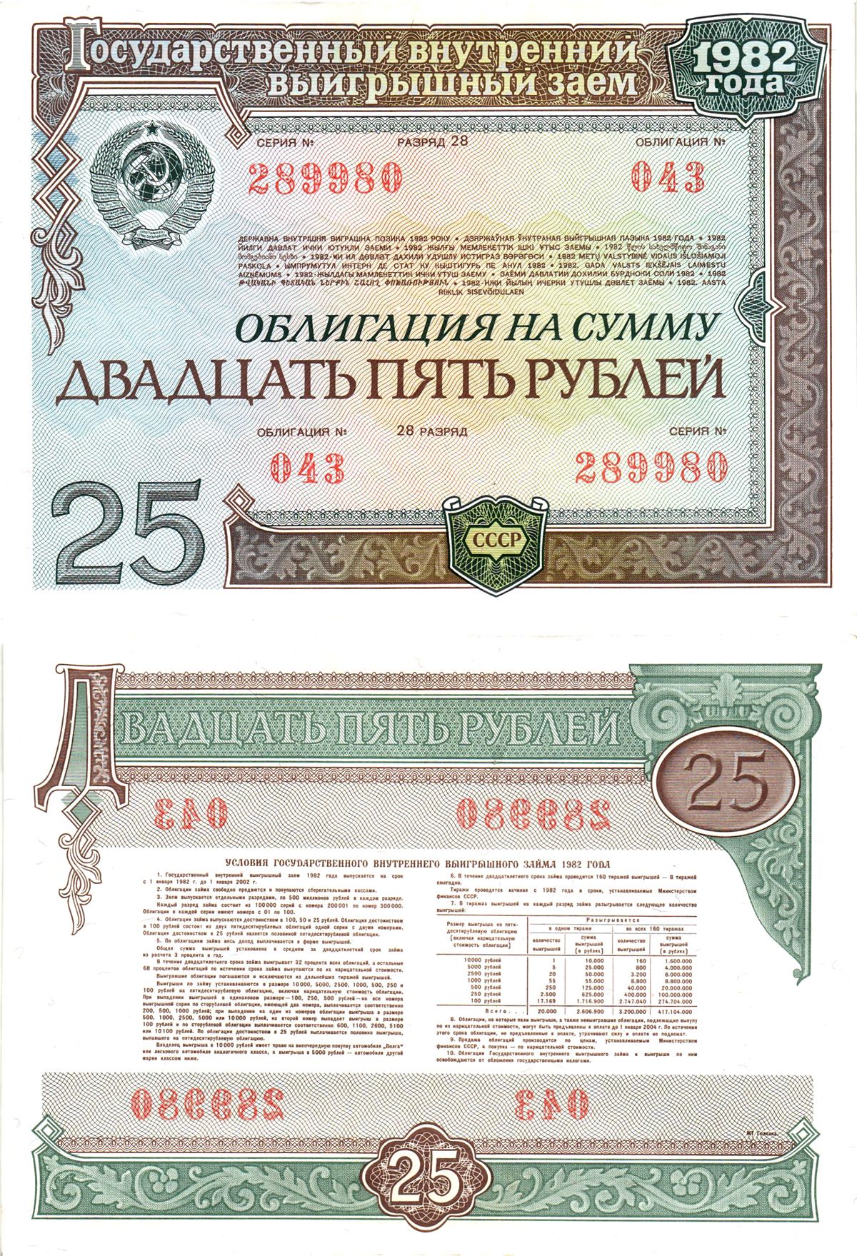 СССР облигация в 25 рублей 1982 государственный внутренний выигрышный заем, разряд 28   бумага  aUNC 7215-13-2-2