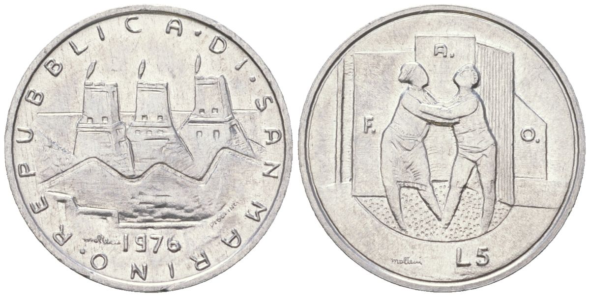 Сан-Марино 5 лир 1976 Республика KM 53 алюминий aUNC 4164-1027