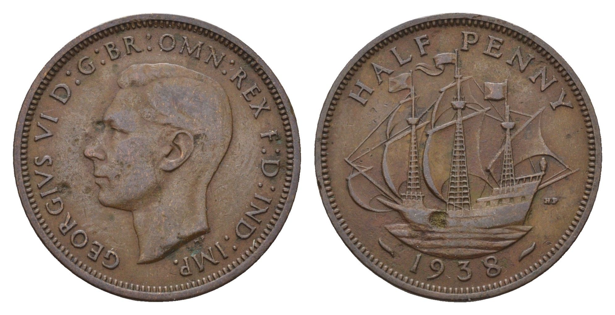Великобритания 1/2 пенни 1938 Георг VI (1936-1952) KM 844, Spink 4115 бронза 4546-1114