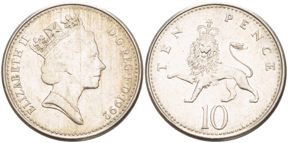 Великобритания 10 пенсов 1992 Елизавета II (1952-2022) KM 938b, Spink 4367 (F4) медно-никель 77-332