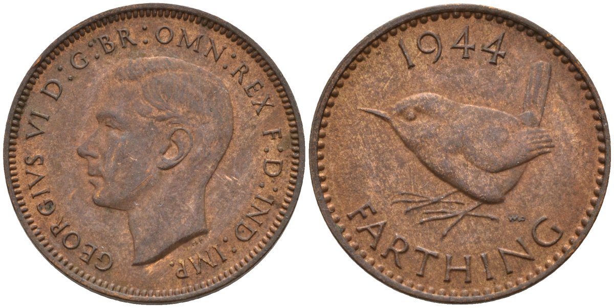 Великобритания 1 фартинг 1944 Георг VI (1936-1952) KM 843, Spink 4116 бронза 4596-965