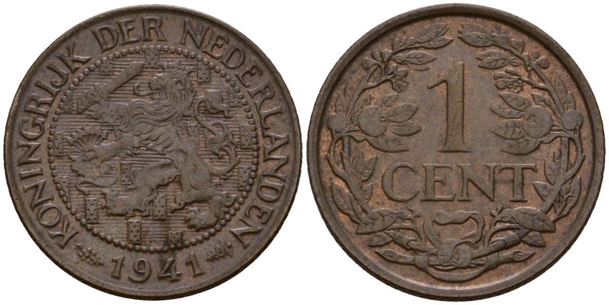 Нидерланды 1 цент 1941 Вильгельмина I (1890-1948) KM 152 бронза 4154-923
