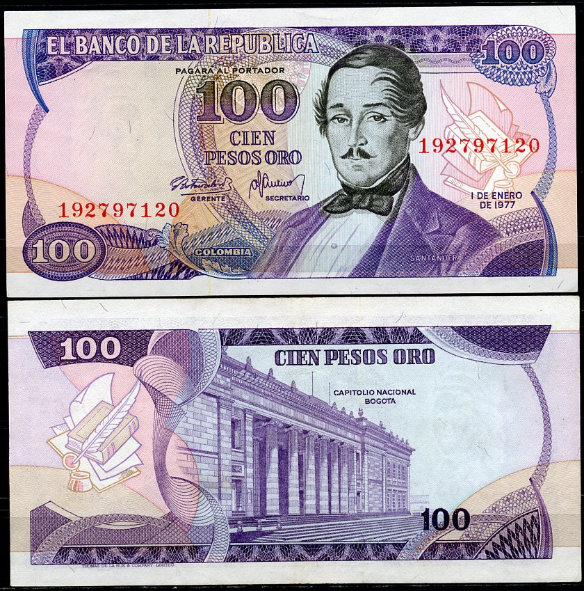Колумбия 100 песо 1977 генерал Франсиско де Паула Сантандер, герой освободительной войны Pick 418 a  бумага  UNC (пресс) 7202-34-1