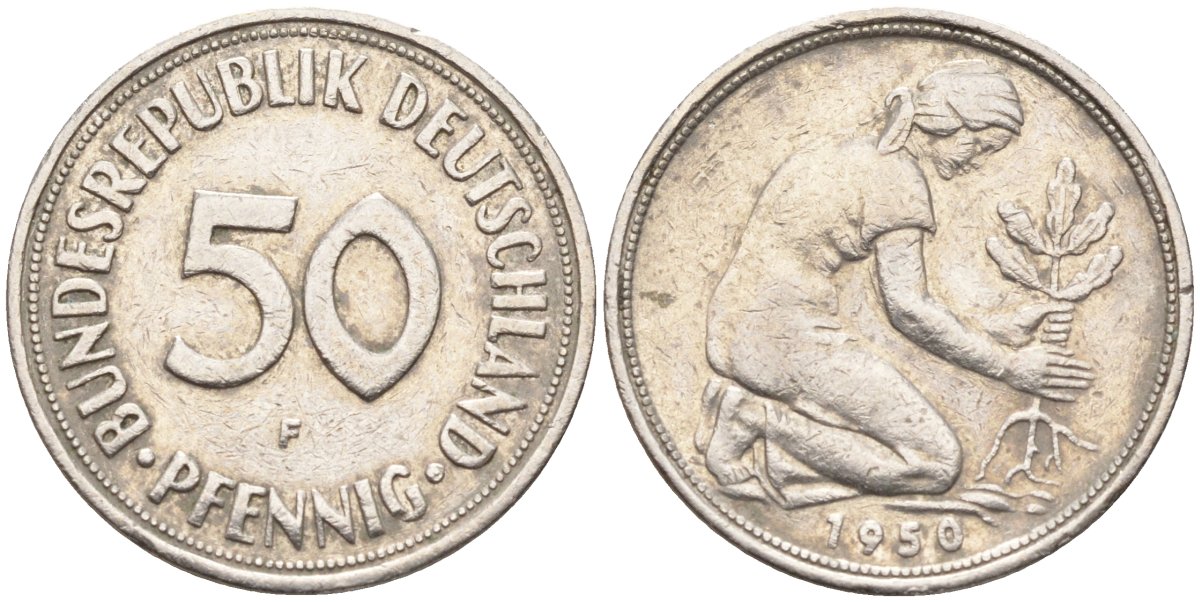 ФРГ 50 пфеннигов 1950 F KM 109, J. 384 медно-никель 4132-1157