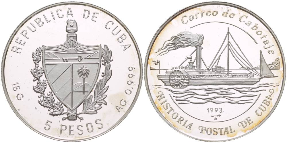 Куба 5 песо 1993 история почтовых пароходов Кубы, тонкие буквы и венок, "9" в дате с прямым хвостиком KM 524.1 серебро  PROOF  1087-8-14