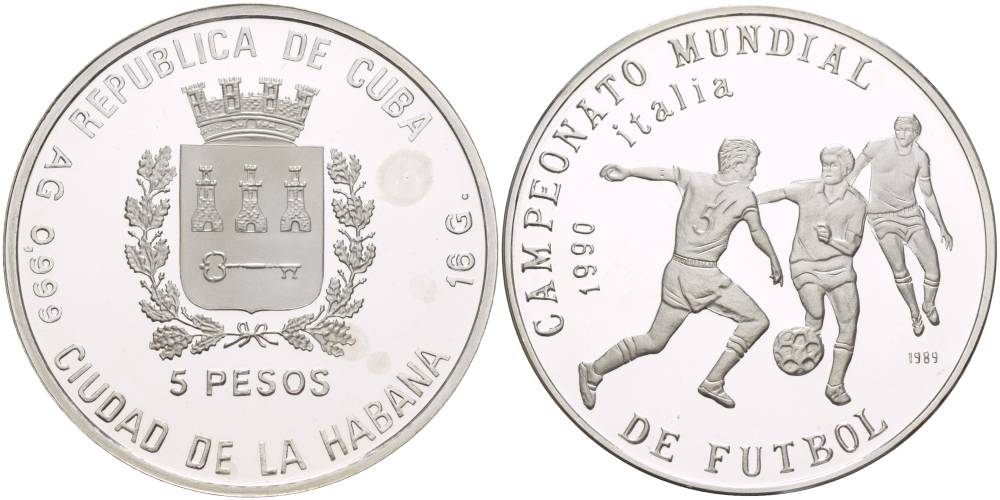 Куба 5 песо 1989 чемпионат мира по футболу в Италии 1990 года, три игрока KM 225 серебро PROOF 11-085-32
