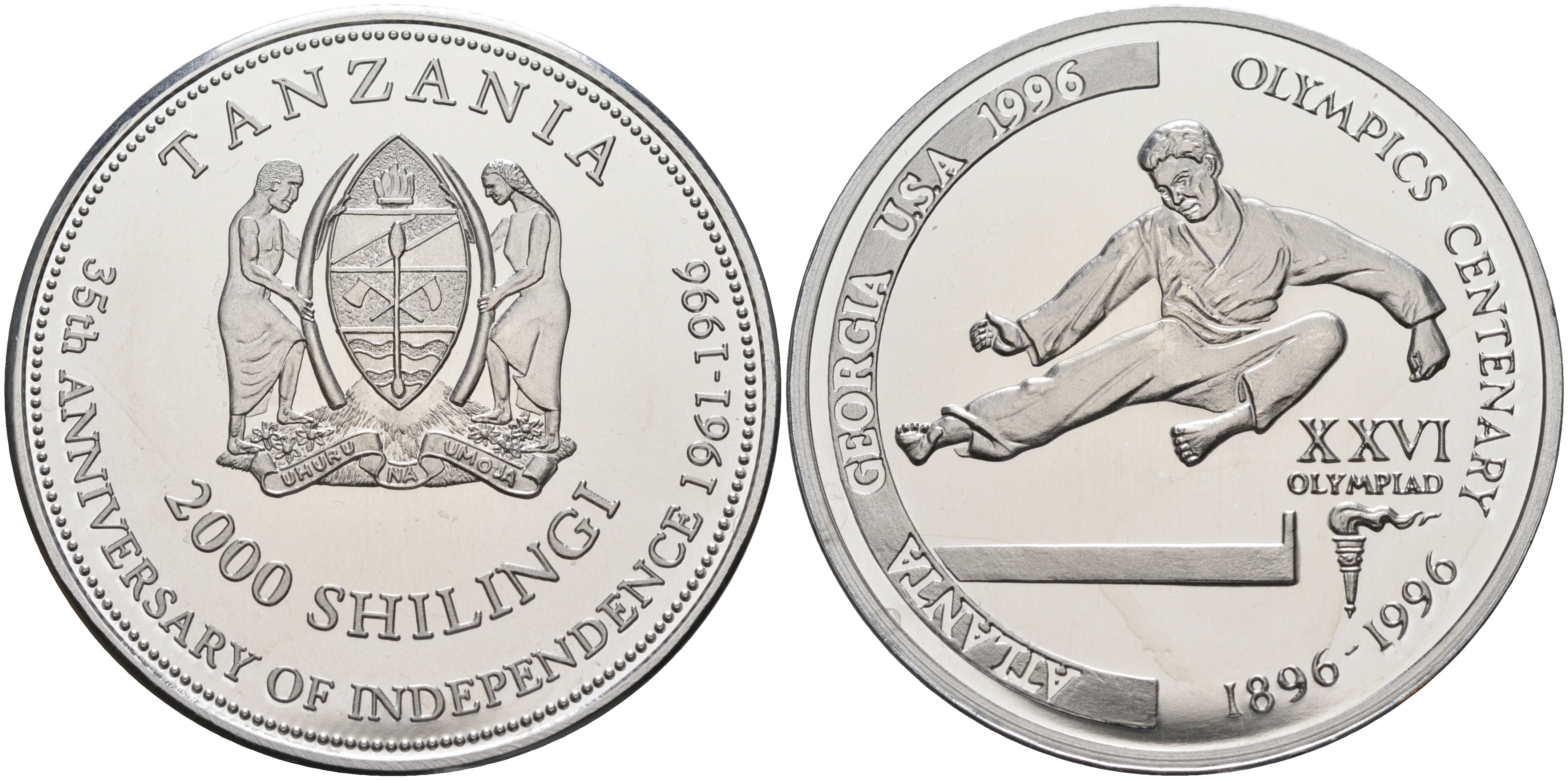 Танзания 2000 шиллингов 1996 XXVI Олимпийские игры 1996 года в Атланте, 100 лет Олимпийскому движению, карате, пробник алюминий PROOF 06-133-11