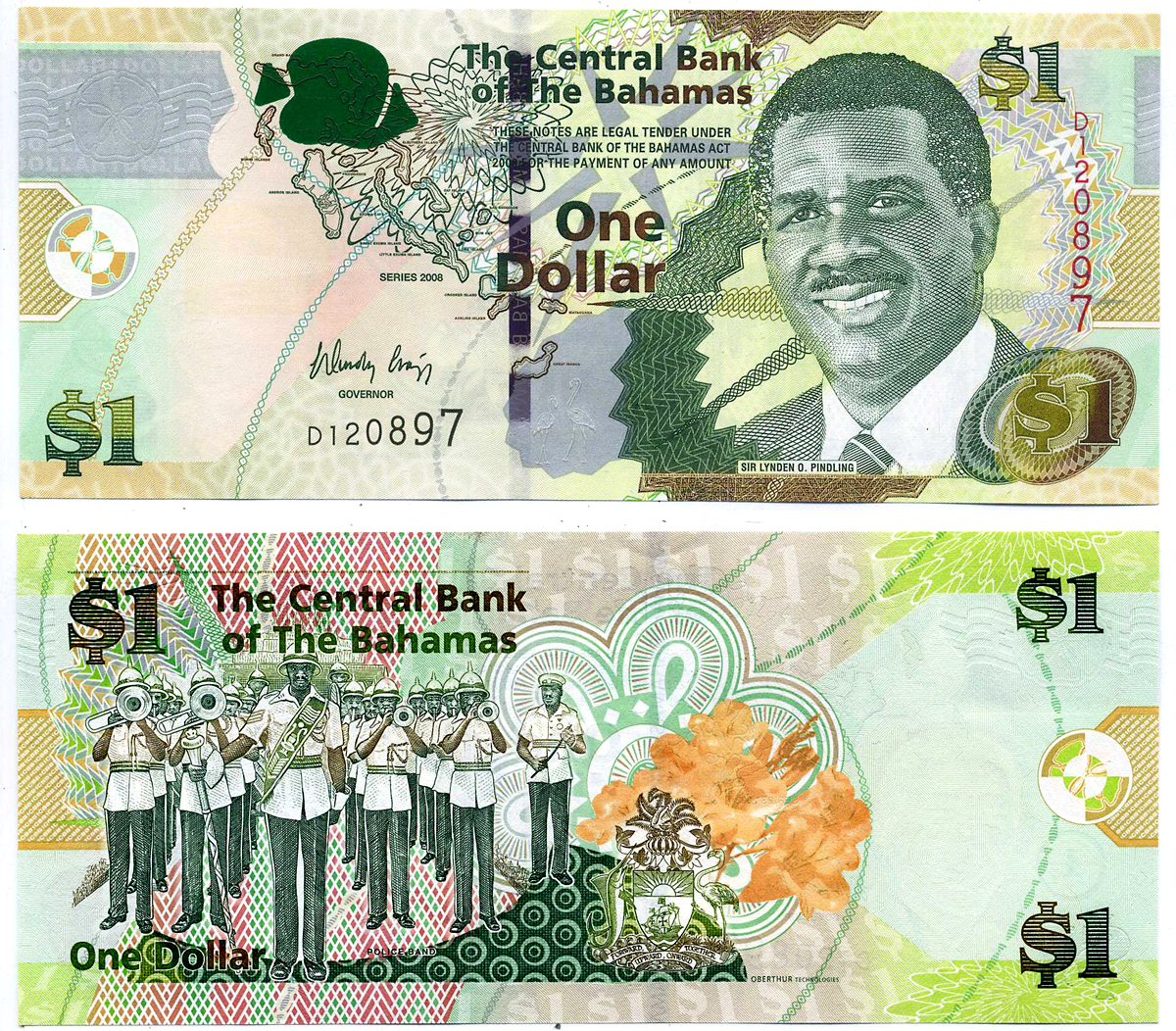 Багамские острова 1 доллар 2008 Сэр Линден Пиндлинг, духовой оркестр, FC-O, подпись W. CRAIGG Pick 71 бумага UNC (пресс) 2197-12-2-2