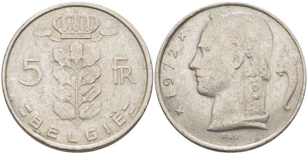 Бельгия 5 франков 1972 Belgie, Бодуэн I (1951-1993) KM 135.1 медно-никель 119-823