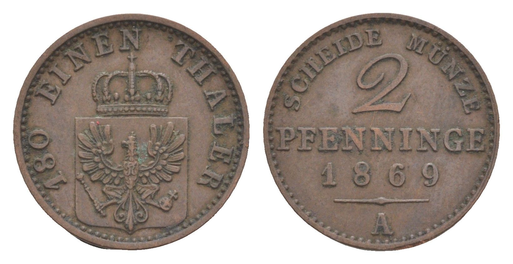 Пруссия 2 пфеннига 1869 A, Вильгельм I (1861-1888) KM 481, Jaeger 51, AKS 107, Olding 425 медь 4651-264