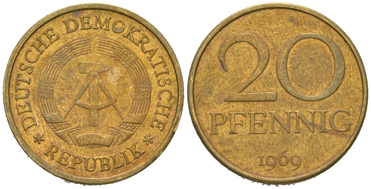 ГДР 20 пфеннигов 1969 первый год KM 11 латунь 4577-1215