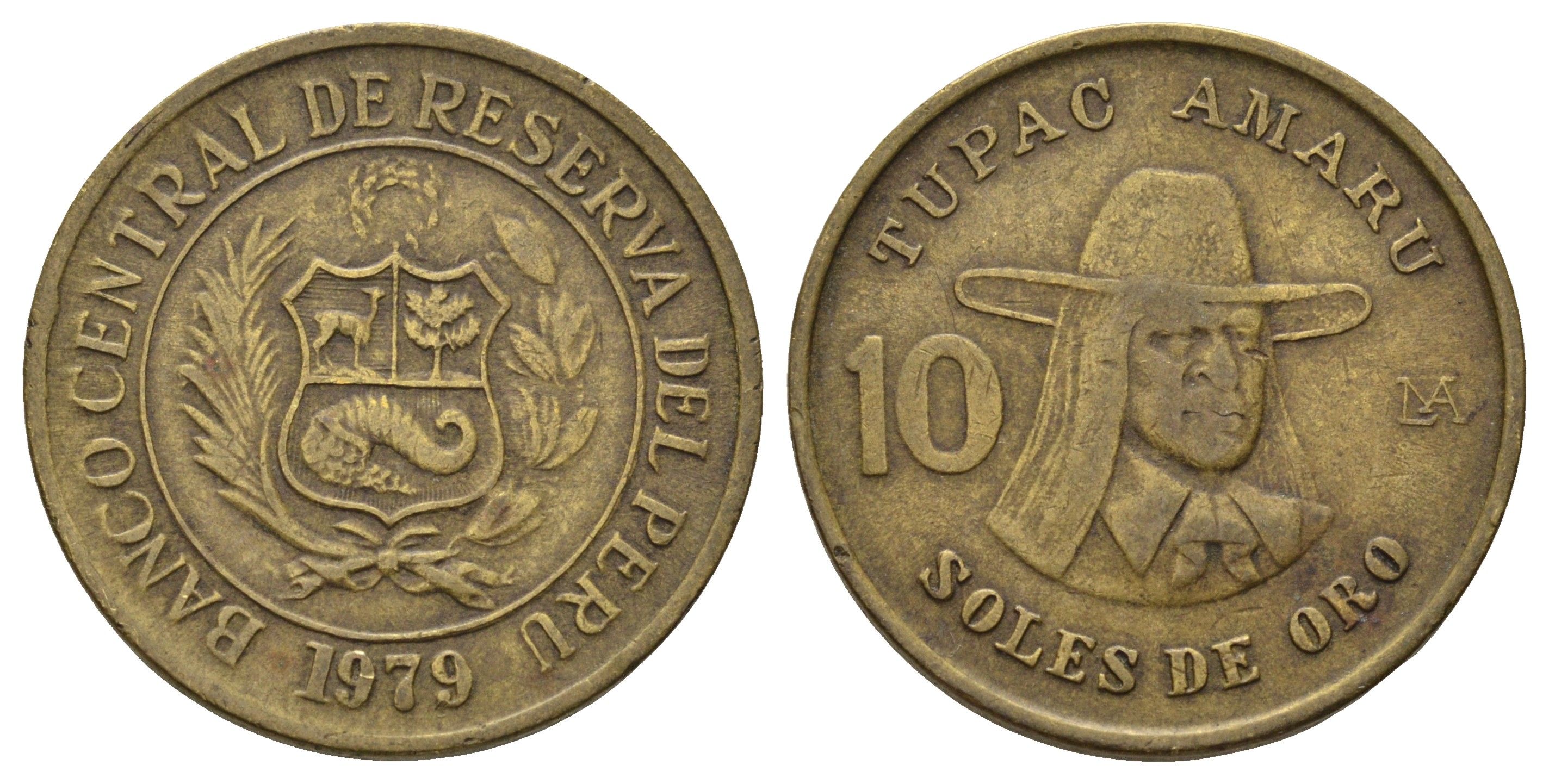 Перу 10 солей 1979 Тупак Амару II KM 272 латунь 4166-1134
