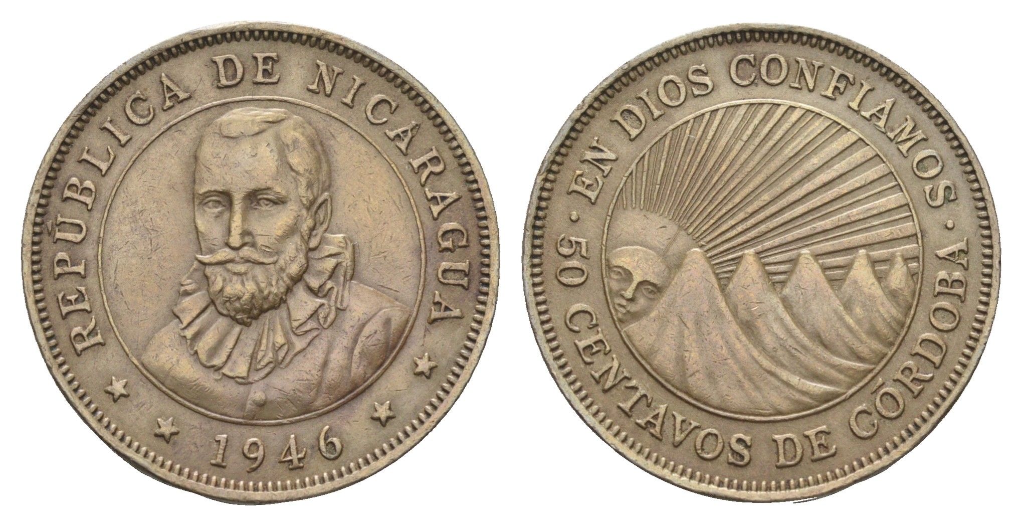 Никарагуа 50 сентаво 1946 редкий год, тираж - 500.000 экземпляров KM 19.1 медно-никель 4127-1445