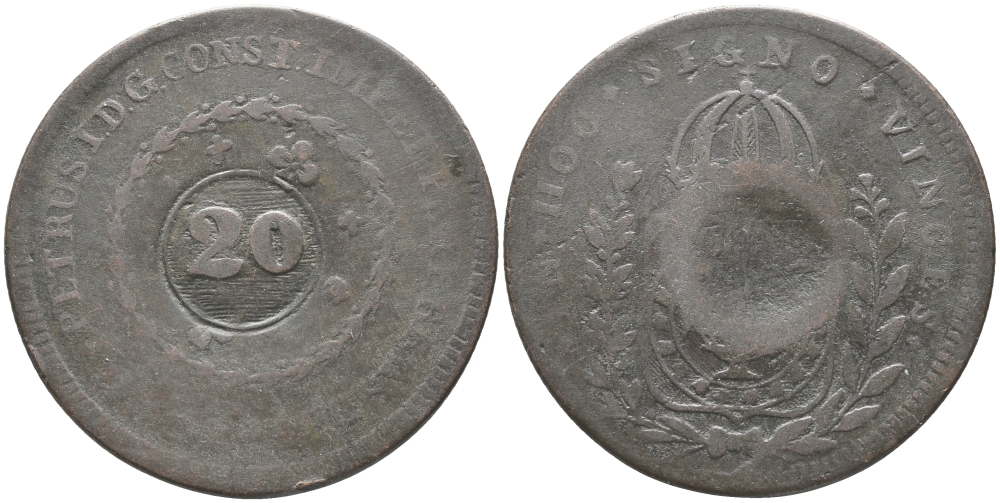 БРАЗИЛИЯ 20 РЕЙСОВ 1835 НАДЧЕКАНКА НА 40 РЕЙСАХ R, ПЕДРО I KM 436.1 медь 74-435