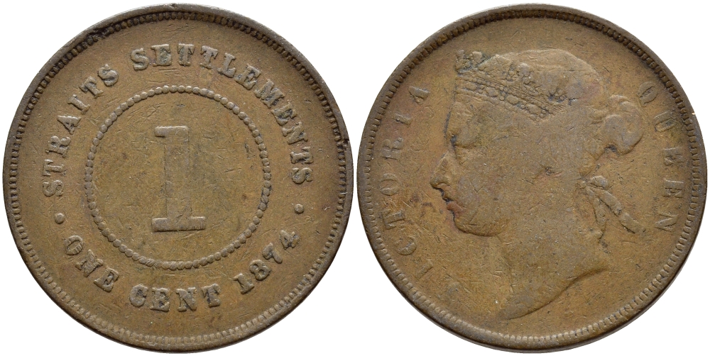 СТРЭЙТС СЕТЛМЕНТС 1 ЦЕНТ 1874 ВИКТОРИЯ KM 9 бронза 4394-341
