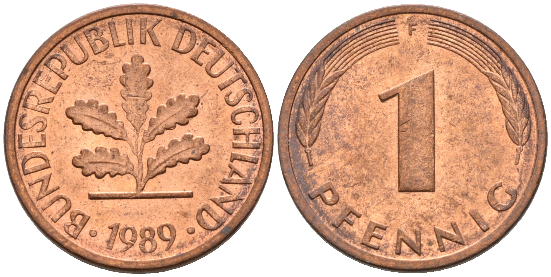 ФРГ 1 ПФЕННИГ 1989 F KM 105, J.380 сталь плакированная медью UNC 75-431