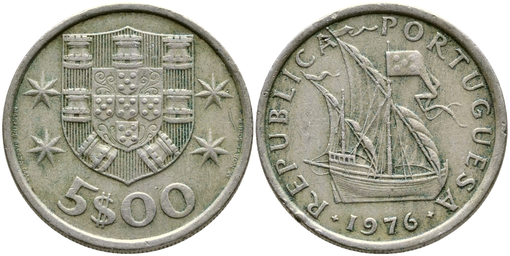 ПОРТУГАЛИЯ 5 ЭСКУДО 1976 ПАРУСНИК KM 591 медно-никель 4388-514