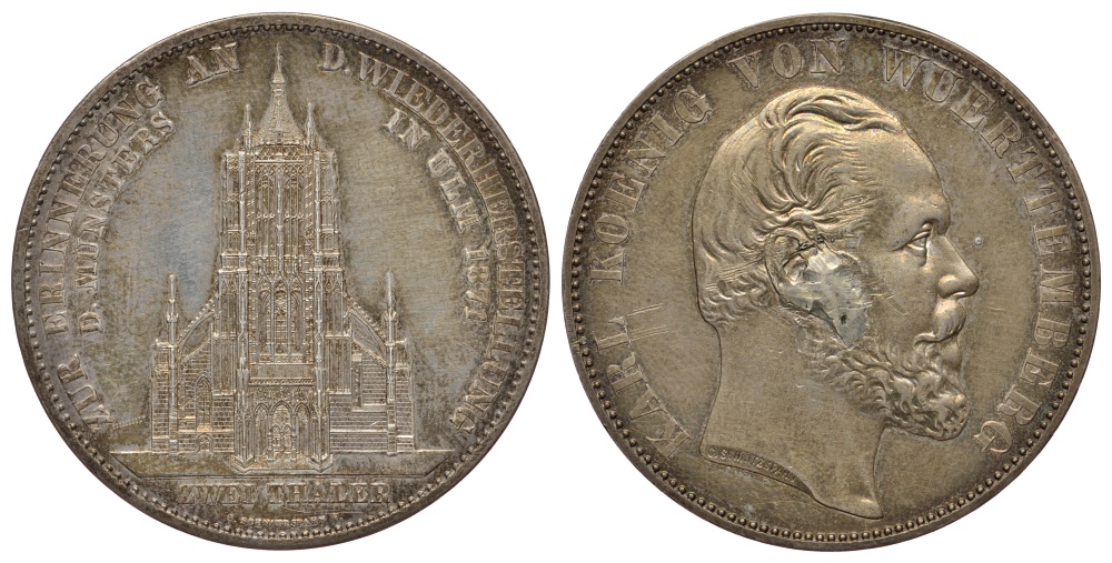 Вюртемберг 2 талера 1871 Ульмский собор, Карл I (1864-1891) AKS 131, Dav. 961, Kahnt 595, Thun 442 серебро 00-000-00