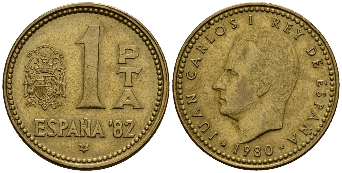 Испания 1 песета 1980 Чемпионат мира по футболу в Испании 1982 года, Хуан Карлос I (1975-2014) KM 816 алюминиевая бронза 4176-425