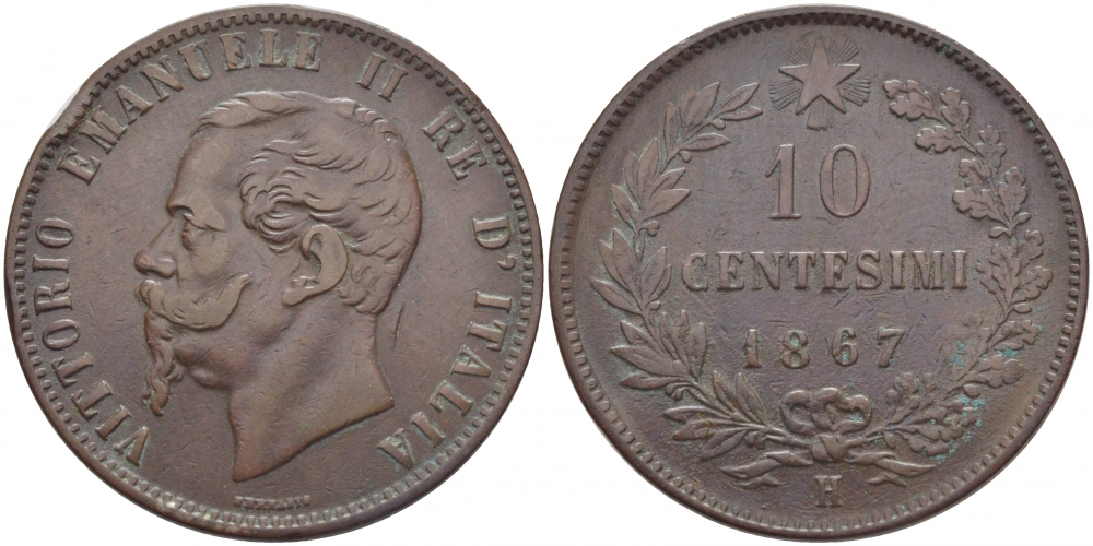Италия 10 чентезимо 1867 H, Виктор Эммануил II (1861-1878) KM 11.3 медь 114-616