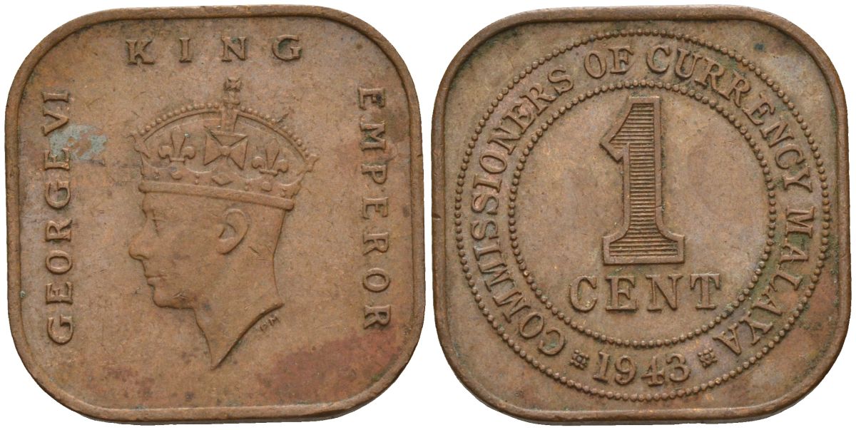 Британская Малайя 1 цент 1943 Георг VI (1937-1952) KM 6 бронза 4153-631
