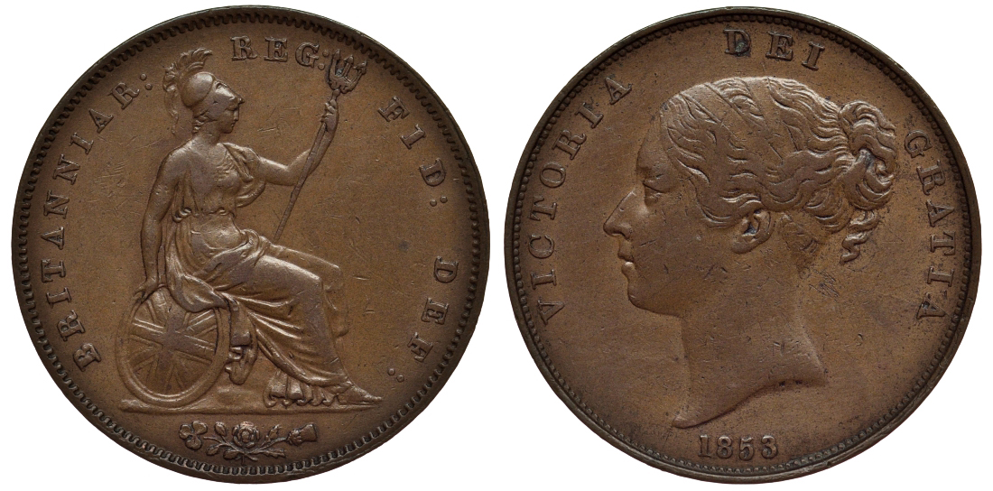 Великобритания 1 пенни 1853 Виктория (1837-1901) KM 739, Spink 3948 медь 1523-1323