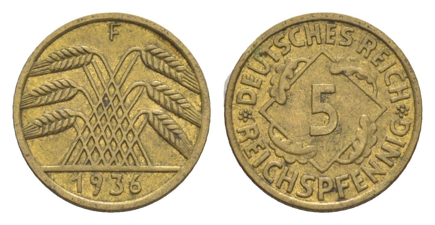 Германия 5 рейхспфеннигов 1936 F KM 39, J. 316 алюминиевая бронза 4549-558
