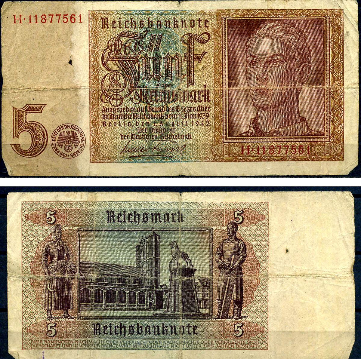 Германия 5 рейхсмарок 1942 водяной знак "5" в вертикальном положении, 7 цифр в серии Pick 186 a (1) бумага 8621-38-2-2