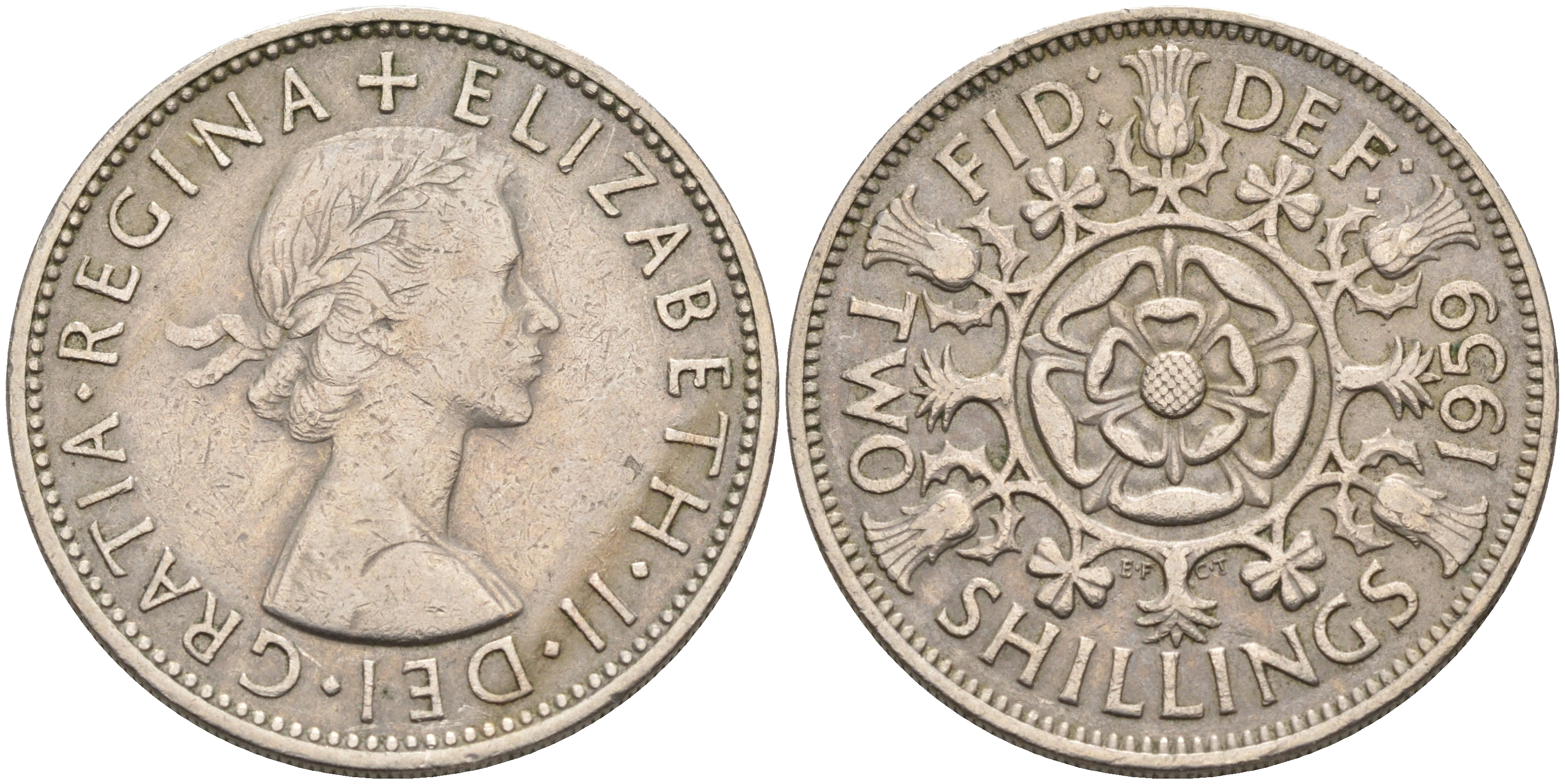 Великобритания 2 шиллинга (флорин) 1959 Елизавета II (1952-2022) KM 906, Spink 4146 медно-никель    4117-423