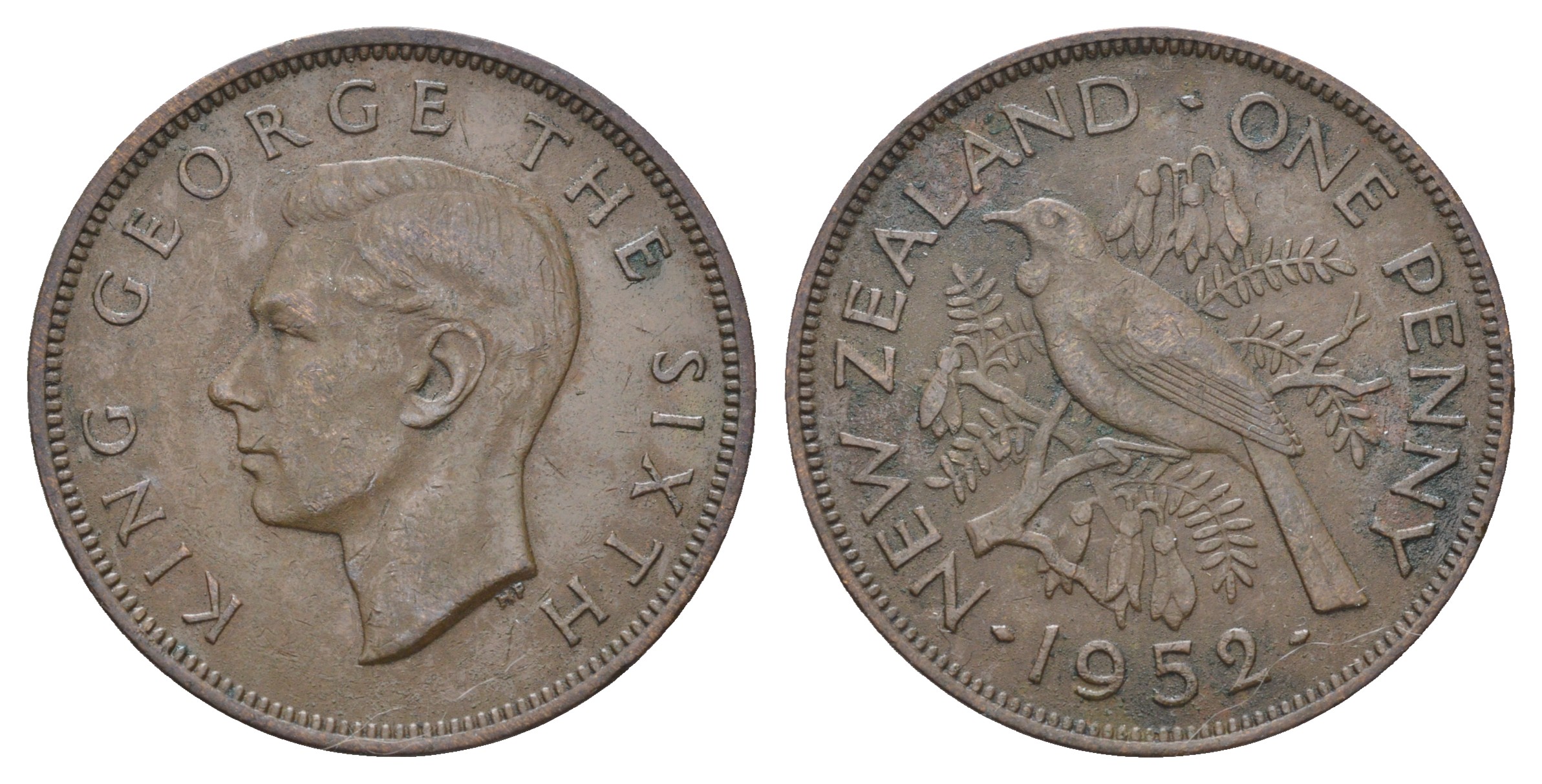 Новая Зеландия 1 пенни 1952 Георг VI (1936-1952), новозеландский туи KM 21 бронза    4512-144