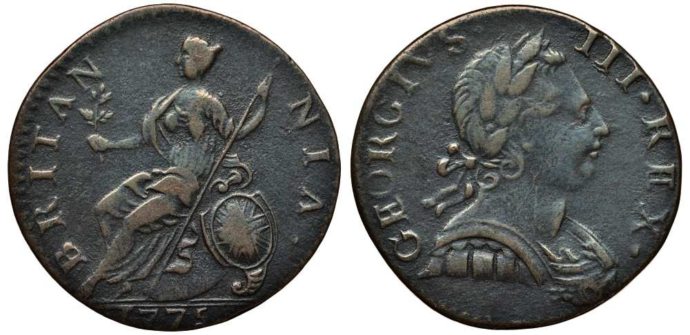 Великобритания 1/2 пенни 1775 Георг III (1760-1820) KM 601, Spink 3774 медь 1518-231