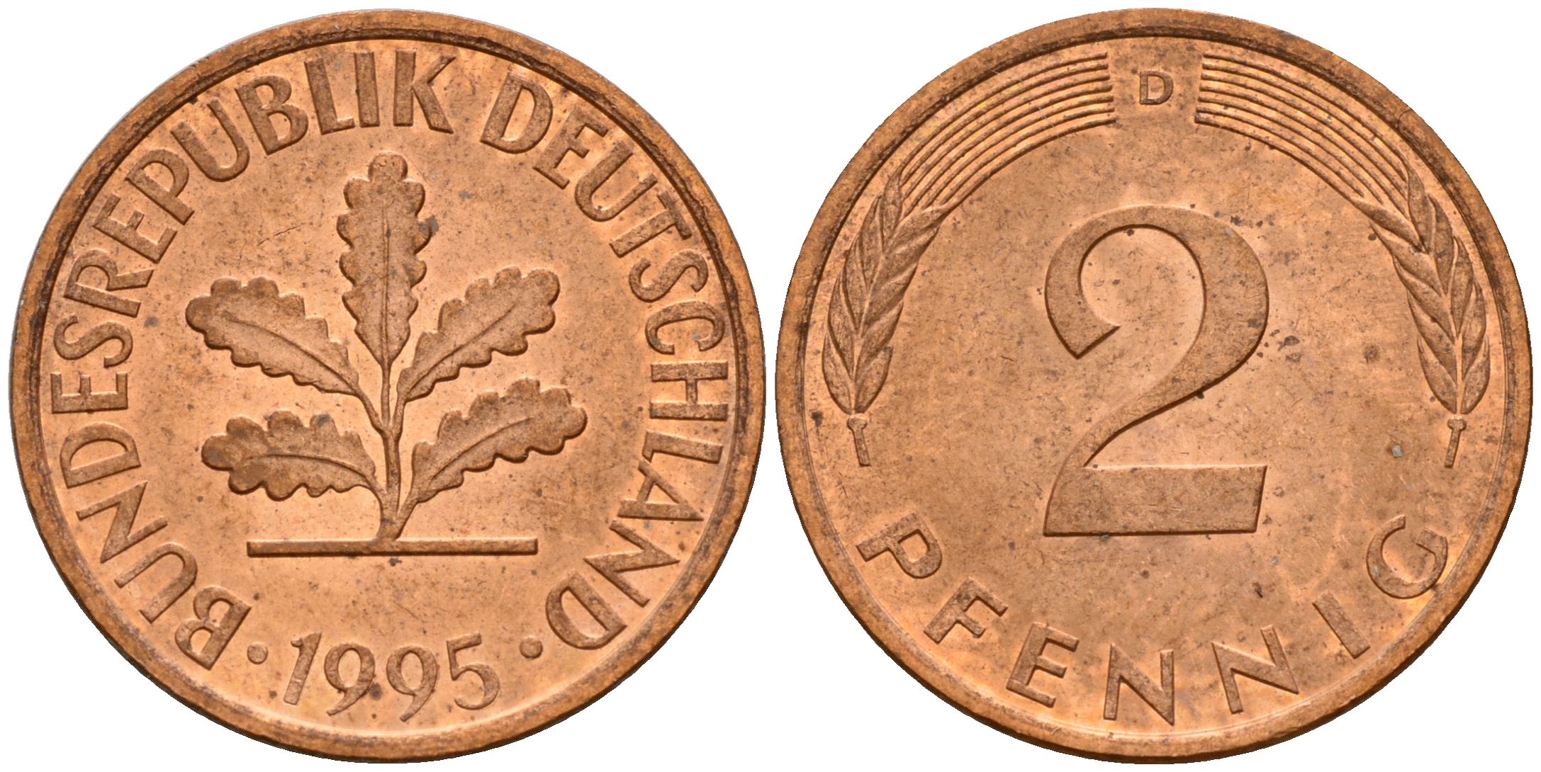 ФРГ 2 пфеннига 1995 D J.381a, KM 106a сталь плакированная медью    4598-936