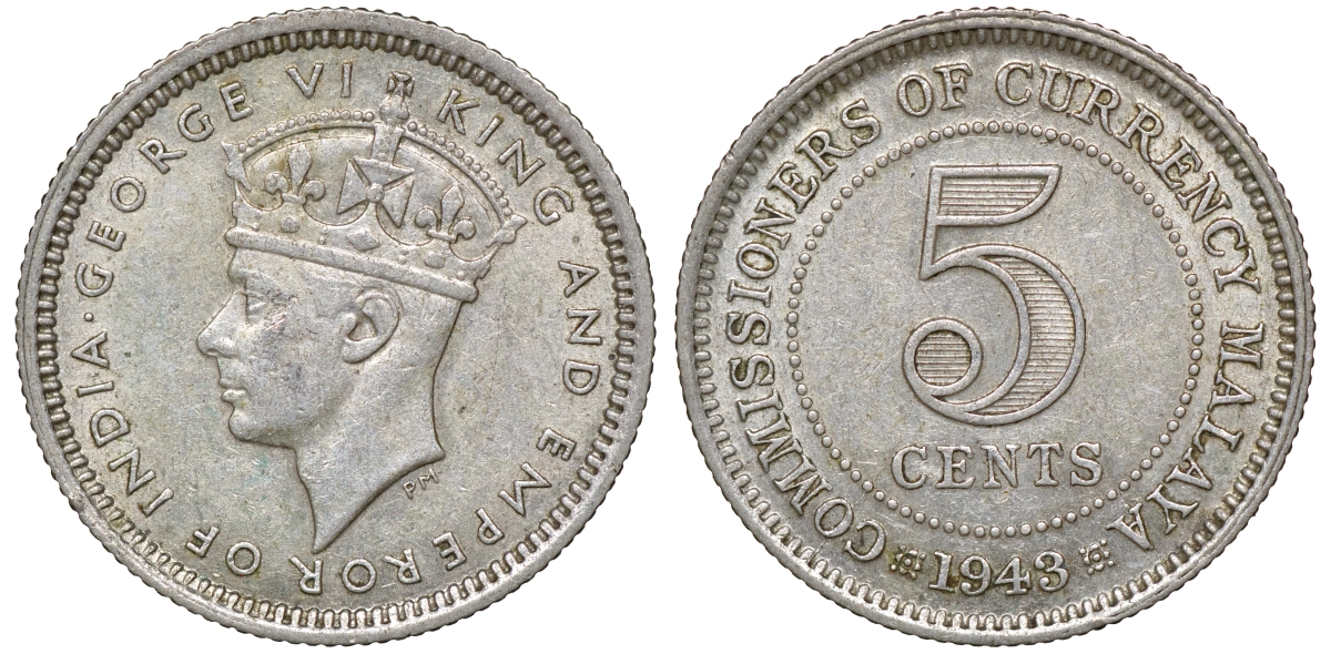 Британская Малайя 5 центов 1943 Георг VI (1937-1952) KM 3a серебро 53-141