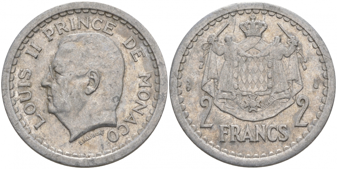 Монако 2 франка 1943 Луи II (1922-1949) KM 121 алюминий 73-1424
