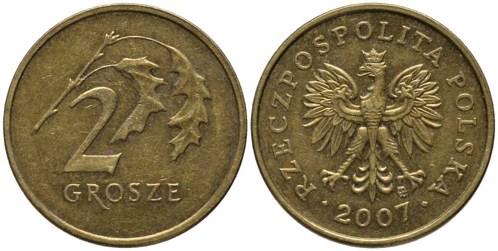 ПОЛЬША 2 ГРОША 2007 MW KM 277 латунь 201-418