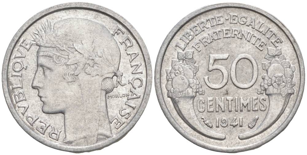 ФРАНЦИЯ 50 САНТИМОВ 1941 ТИП MORLON LOURDE KM 894.1a, LE FRANC 193.2 алюминий 44-218