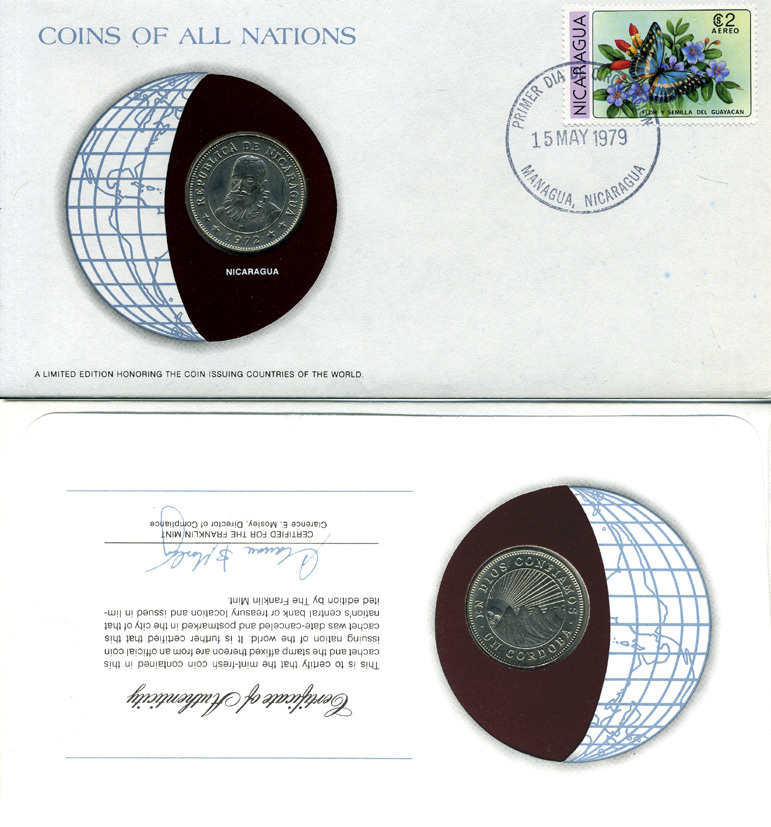 НИКАРАГУА 1 КОРДОБА 1972 КОНВЕРТ С МАРКОЙ ПЕРВОГО ДНЯ ГАШЕНИЯ, COINS OF NATIONS KM 26 медно-никель UNC 4294-20-3