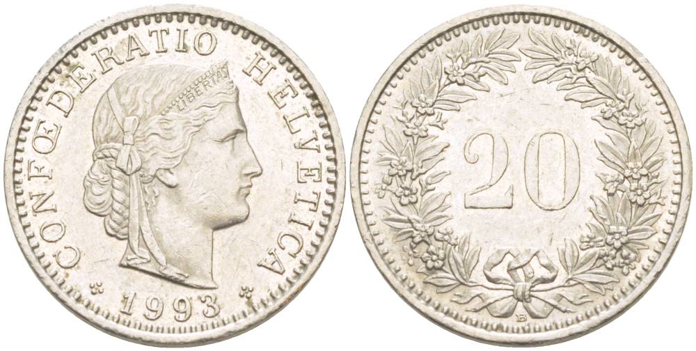 ШВЕЙЦАРИЯ 20 РАППЕНОВ 1993 В KM 29а медно-никель 4544-344