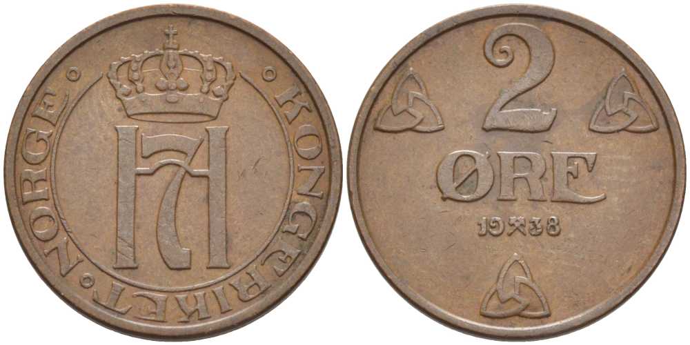 Норвегия 2 эре 1938 Хокон VII (1905-1957) KM 371 бронза 119-916