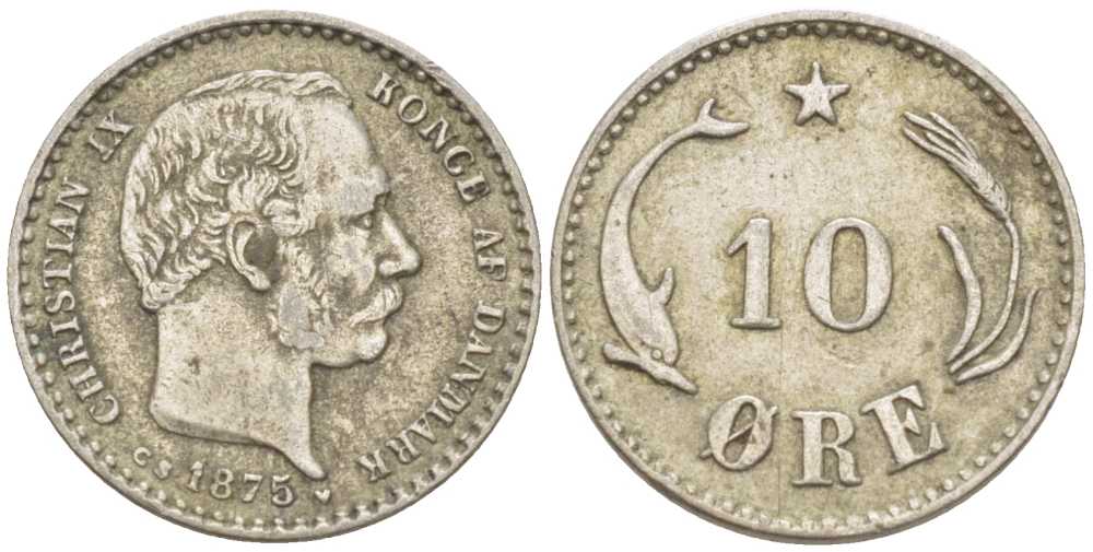 ДАНИЯ 10 ЭРЕ 1875 h, КРИСТИАН IX (1863-1906) KM 795.1 серебро 211-769
